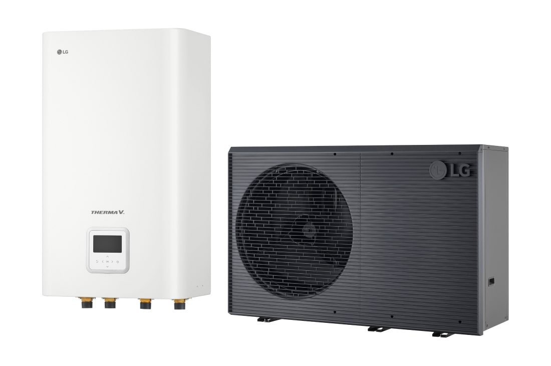 LG R290 Monobloc Μονάδα Hydro, 3Ø, 9kW, Αντλία θερμότητας αέρα/νερού THERMA V της LG, μαύρη εξωτερική μονάδα σχεδιασμένη με γκρι κυματιστό πλέγμα, HN1639HC NK0 + HM093HFX UB60