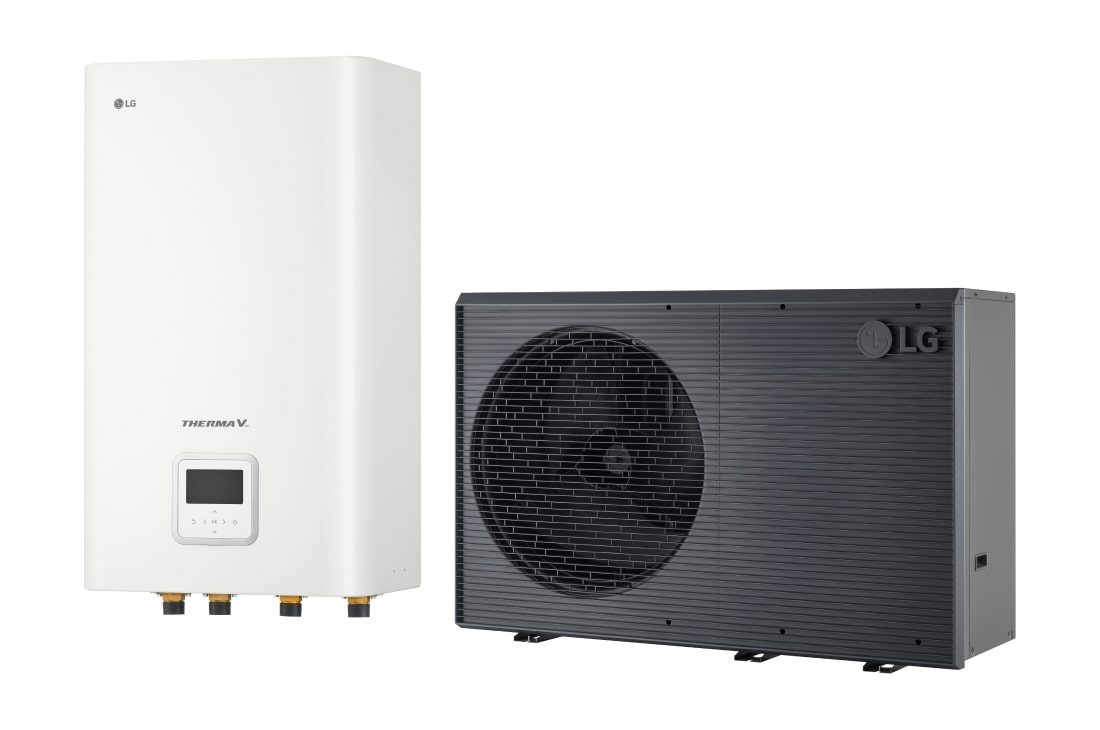 LG R290 Monobloc Μονάδα Hydro, 3Ø, 16kW, Αντλία θερμότητας αέρα/νερού THERMA V της LG, μαύρη εξωτερική μονάδα σχεδιασμένη με γκρι κυματιστό πλέγμα	, HN1639HC NK0 + HM163HF UB60