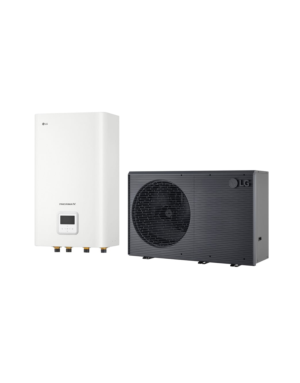 LG Μονάδα ελέγχου R290 Monobloc, 3Ø, 14kW, Αντλία θερμότητας αέρα/νερού THERMA V της LG, μαύρη εξωτερική μονάδα σχεδιασμένη με γκρι κυματιστό πλέγμα, PHCS0 ENCXLEU + HM143HF UB60