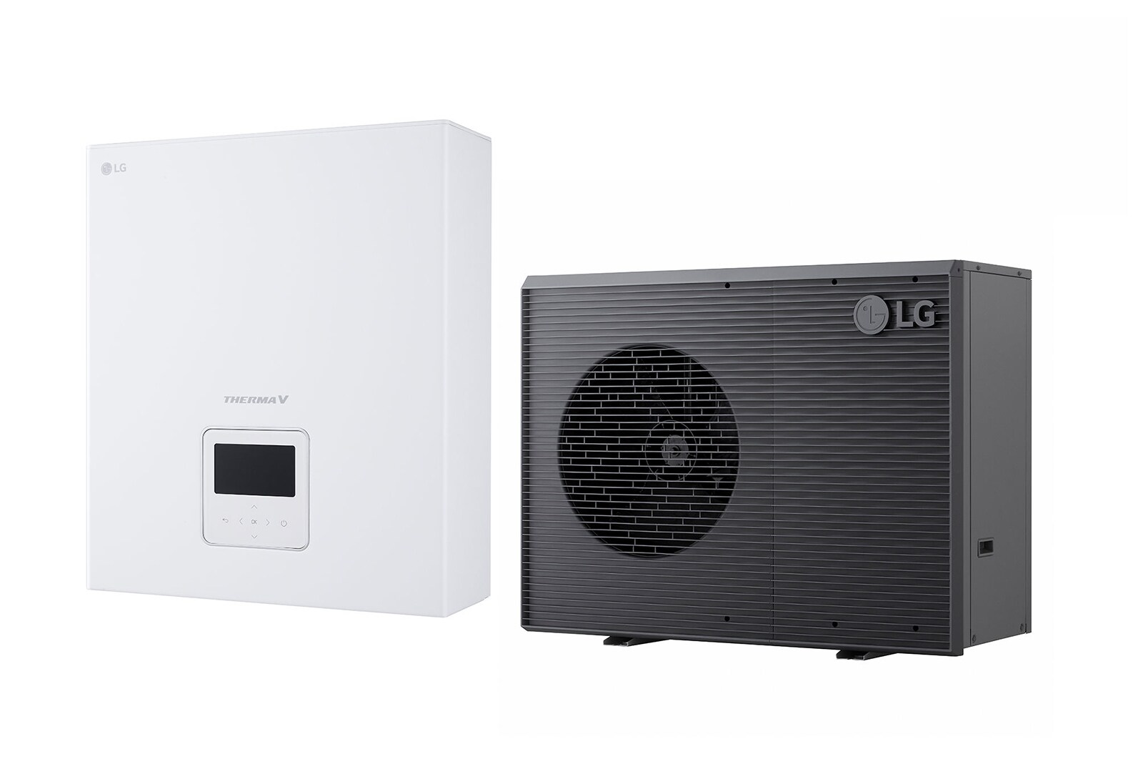 LG R290 Monobloc + Μονάδα Ελέγχου, 1Ø, 7kW, Αντλία θερμότητας αέρα/νερού THERMA V της LG, μαύρη εξωτερική μονάδα σχεδιασμένη με γκρι κυματιστό πλέγμα, HM071HF UB40 + PHCS0 ENCXLEU