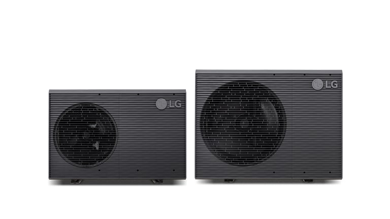 LG THERMA V Hydrosplit units line up. The Hydro box and Integrated water tank are on the left and right, and the outdoor unit is at the center.