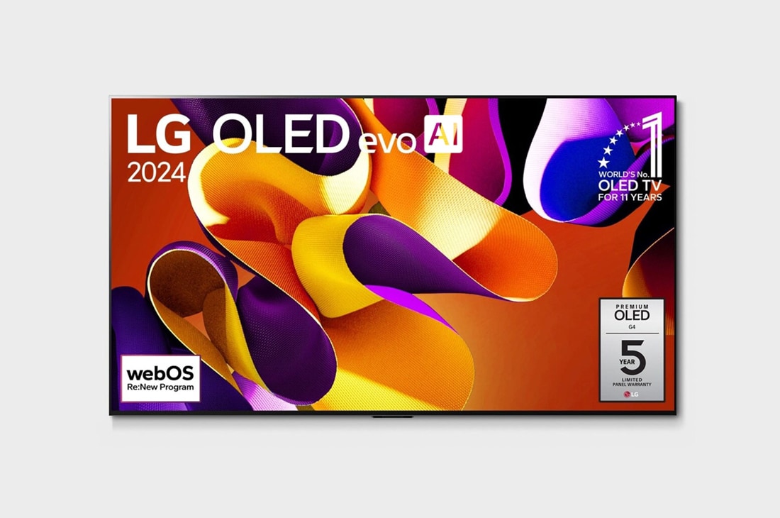 LG OLED 83 ιντσών evo AI G4 4K Smart TV OLED83G4, Μπροστινή όψη LG OLED evo TV, OLED G4, με το έμβλημα 11 Years of world number 1 OLED και το λογότυπο 5ετούς εγγύησης πάνελ στην οθόνη, OLED83G45LW