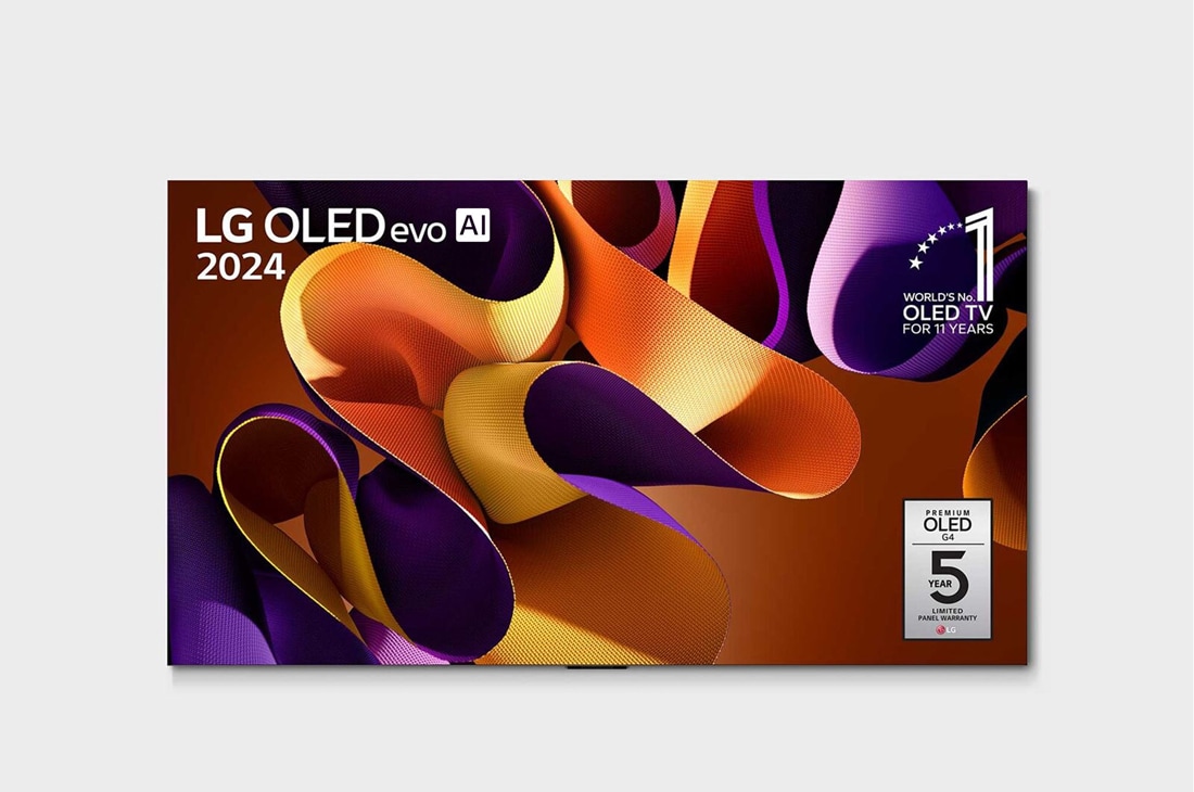 LG OLED 77 ιντσών evo AI G4 4K Smart TV OLED77G4, Μπροστινή όψη LG OLED evo AI TV, OLED G4, με το έμβλημα 11 Years of world number 1 OLED, το λογότυπο webOS Re:New Program και το λογότυπο 5ετούς εγγύησης πάνελ στην οθόνη, OLED77G45LW