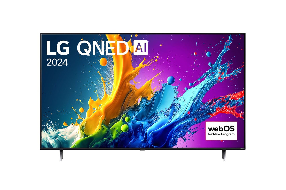 LG Τηλεόραση 86 ιντσών LG QNED AI QNED80 4K Smart TV 86QNED80, Μπροστινή όψη της QNED80 με τα LG QNED και 2024 στην οθόνη, 86QNED80T6A