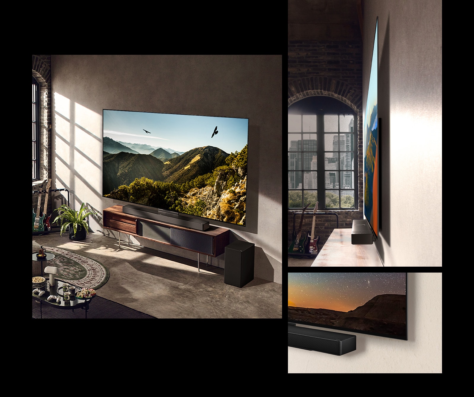 Slika televizorja LG OLED C3 z zvočnikom Soundbar na steni v umetniški sobi.  Stranski pogled na tanke dimenzije televizorja LG OLED C3 pred oknom s pogledom na mesto.  Spodnji kot televizorja LG OLED C3 in zvočnika Soundbar.