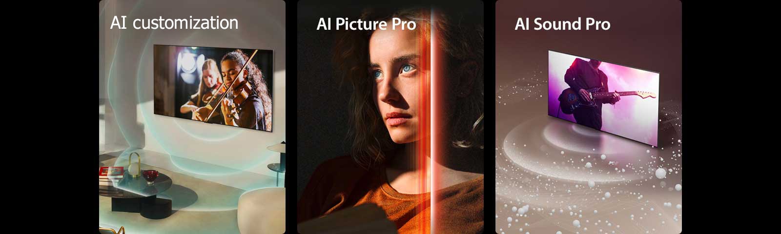 LG OLED v sodobnem bivalnem prostoru, na zaslonu se predvaja nastop glasbenika. Modri ​​krožni valovi, ki prikazujejo personalizacijo, obkrožajo televizor in prostor. Ženska s prodornimi modrimi očmi v temno oranžni majici v temni sobi. Rdeče črte, ki prikazujejo izboljšave uporabniškega vmesnika, pokrivajo del njenega obraza, ki je svetel in podroben, preostali del slike pa je videti zamegljen. LG OLED TV, ko zvočni mehurčki in valovi oddajajo zaslon in zapolnijo prostor.