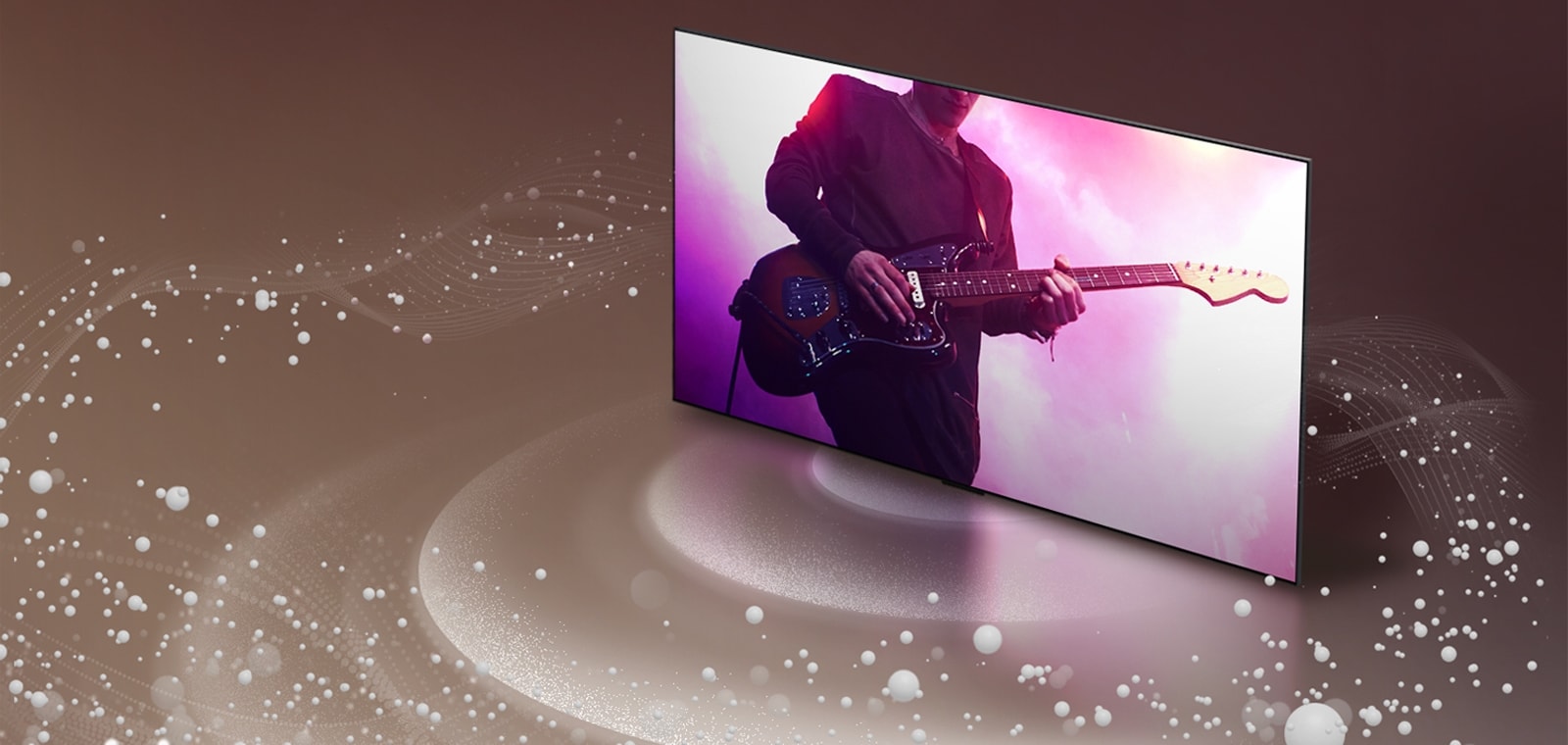LG OLED TV, ko zvočni mehurčki in valovi oddajajo zaslon in zapolnijo prostor.