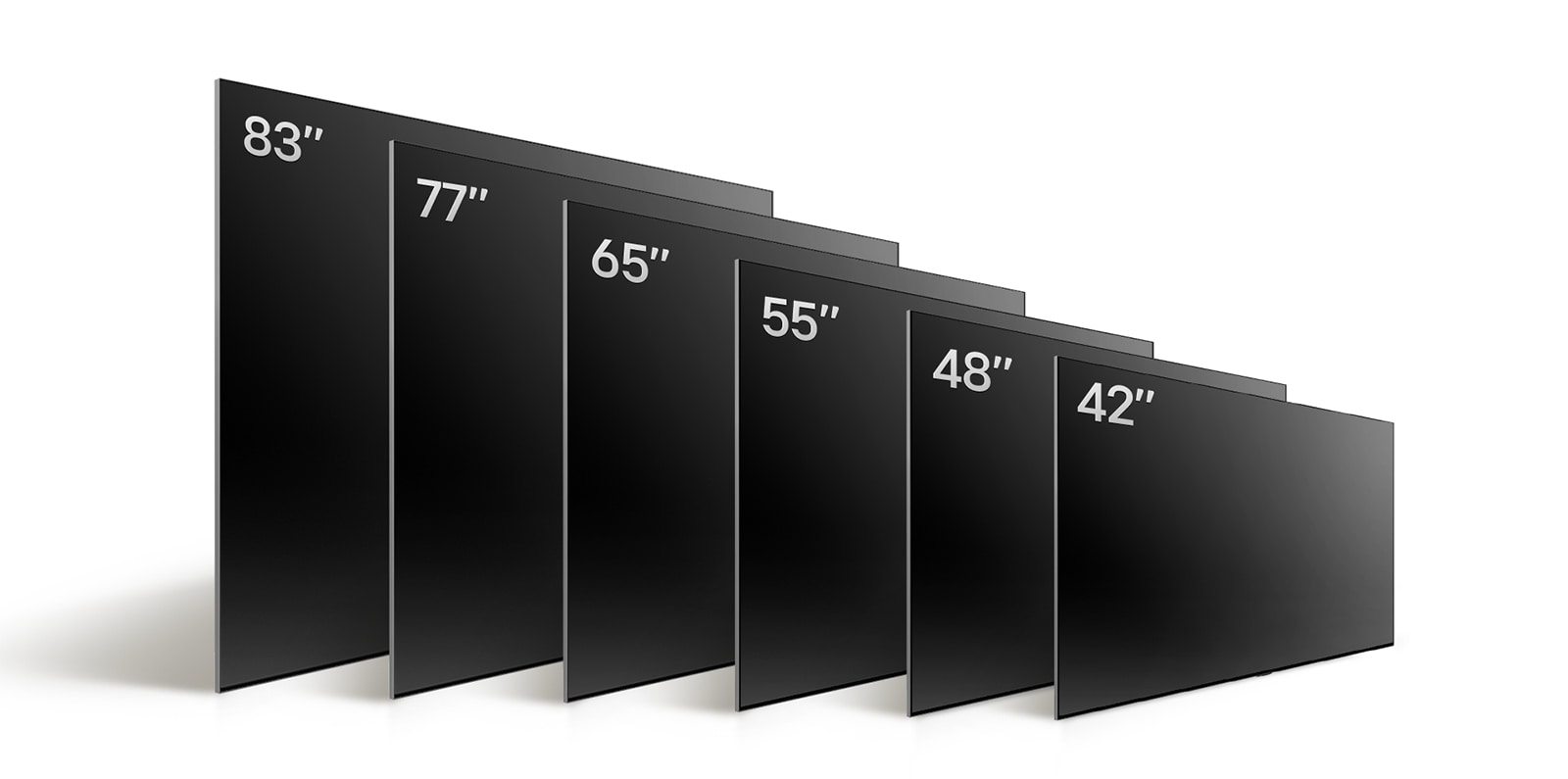 Primerjava LG OLED TV, OLED C4 različnih velikosti prikazuje 42-palčni OLED C4, 48-palčni OLED, 55-palčni OLED C4, 65-palčni OLED C4, 77-palčni OLED C4 in 83-palčni OLED C4.