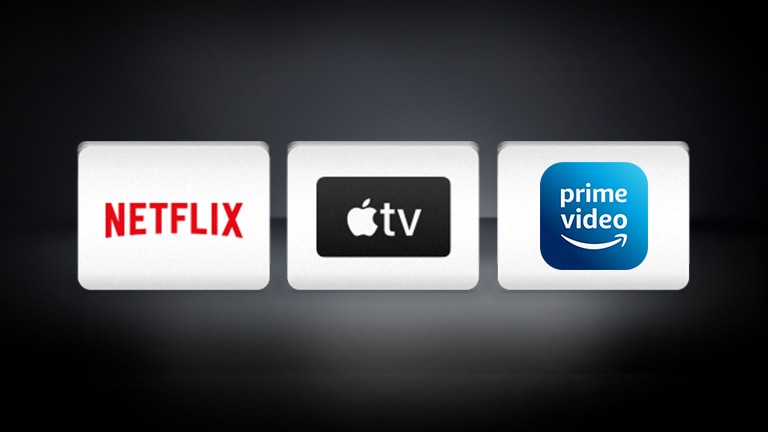 Logotip Netflix, logotip Apple TV, logotip Amazon Prime Video, razporejen vodoravno na črnem ozadju.
