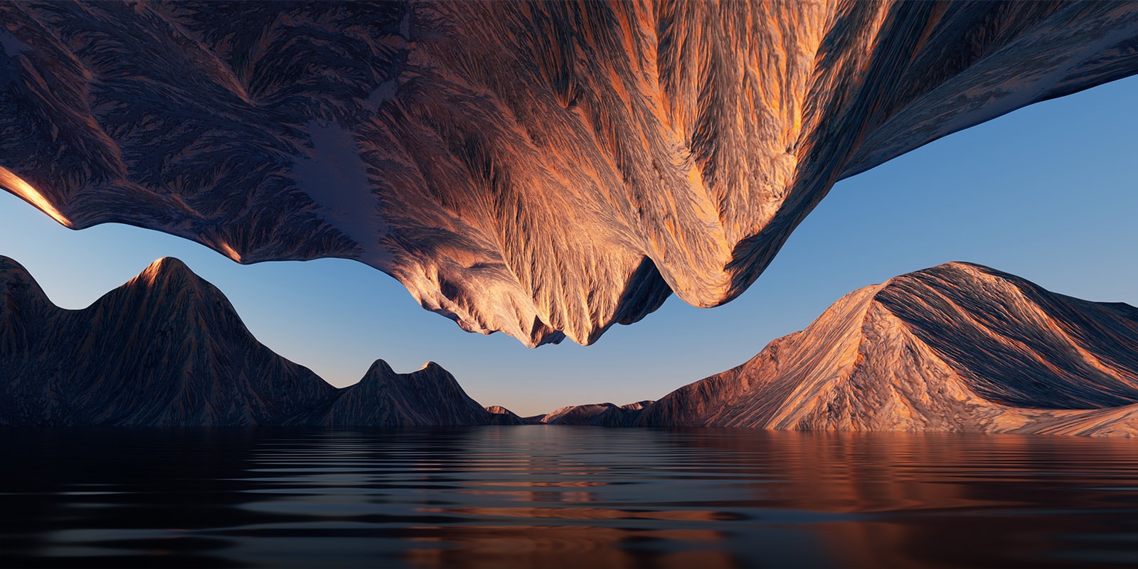 Slika narave s skalnato goro, obrnjeno drug proti drugemu od zgoraj in spodaj, prikazuje kontrast in podrobnosti.