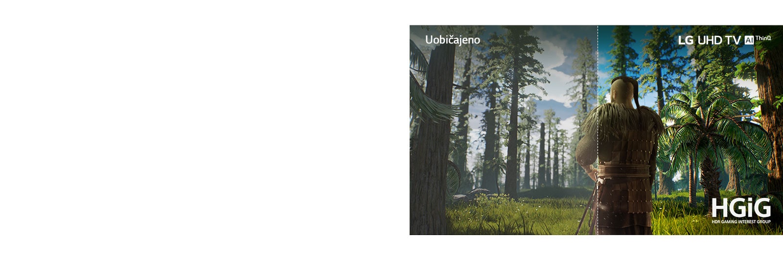 Uno schermo TV che mostra una scena di un videogioco in cui un uomo si trova nel mezzo di una foresta.  La metà viene visualizzata su uno schermo normale di scarsa qualità dell'immagine.  L'altra metà è mostrata su una TV LG UHD con una qualità delle immagini chiara e meravigliosa.