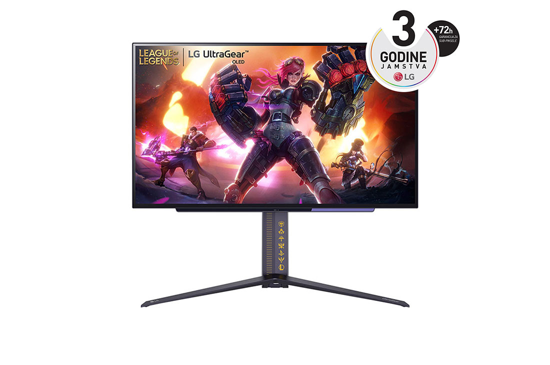 LG 27” UltraGear™ 16:9 omjer slike OLED QHD League of Legends Edition gamer monitor s brzinom osvježavanja od 240 Hz, prikaz prednje strane, 27GR95QL-B