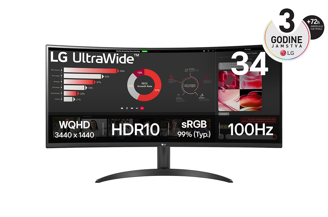 LG 34” UltraWide™ omjera 21:9 zakrivljeni VA monitor s brzinom osvježavanja od 100 Hz, prikaz prednje strane, 34WR50QK-B