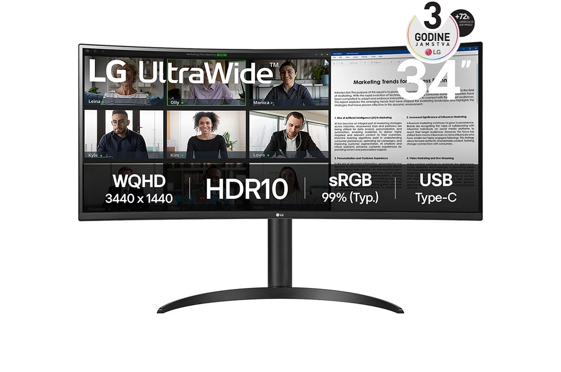 LG 34” UltraWide™ omjera 21:9 zakrivljeni VA monitor s brzinom osvježavanja od 100 Hz, prikaz prednje strane, 34WR55QK-B