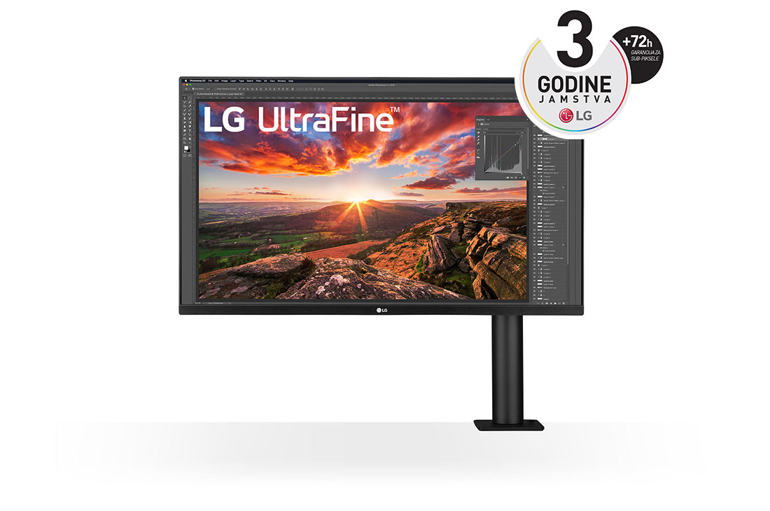 LG 32” UltraFine™ omjer slike 16:9 4K IPS Ergo monitor s brzinom osvježavanja od 60 Hz, prednji prikaz s nosačem monitora s desne strane, 32UN880K-B