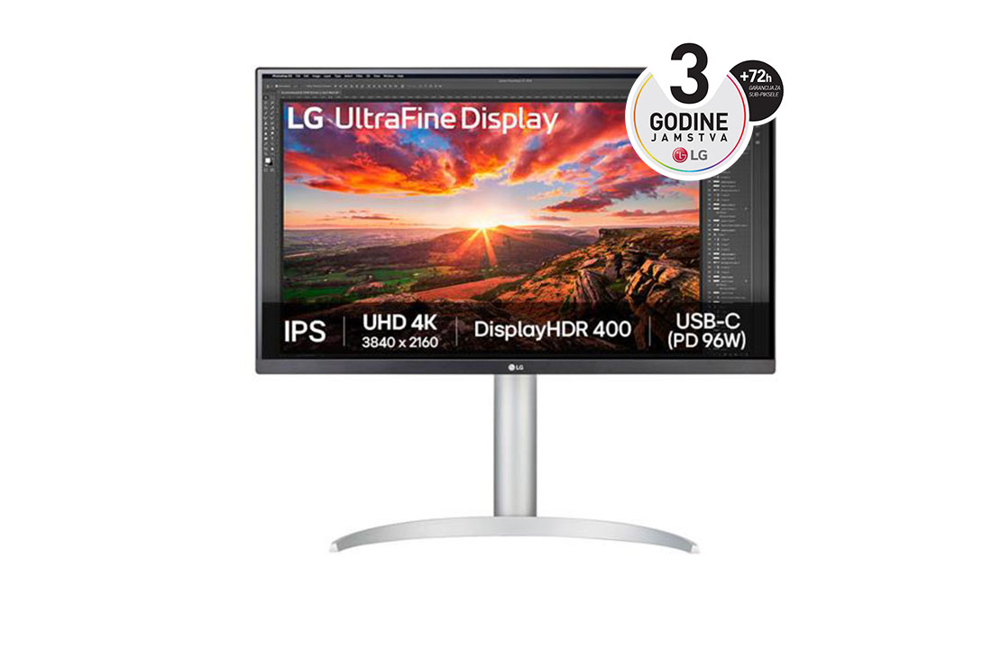 LG 27” UltraFine™ omjer slike 16:9 4K IPS monitor s brzinom osvježavanja od 60 Hz, prikaz prednje strane, 27UP850K-W