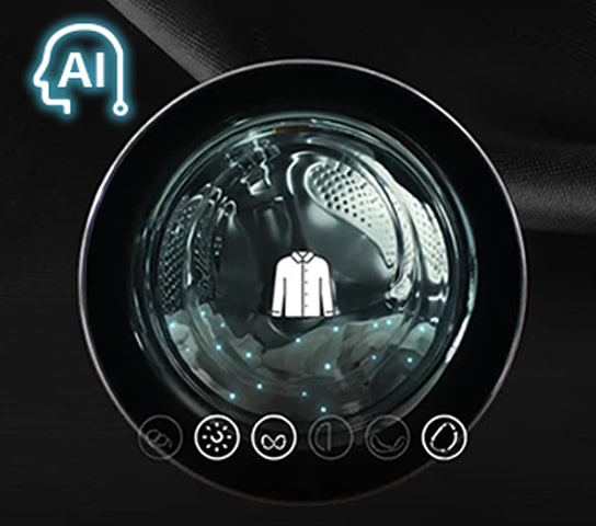 Slika prikazuje vrata perilice rublja s ikonom košulje i ilustrira kako AI tehnologija odabire optimalne pokrete bubnja.