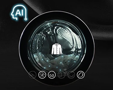 Slika prikazuje vrata perilice rublja s ikonom košulje i ilustrira kako AI tehnologija odabire optimalne pokrete bubnja.