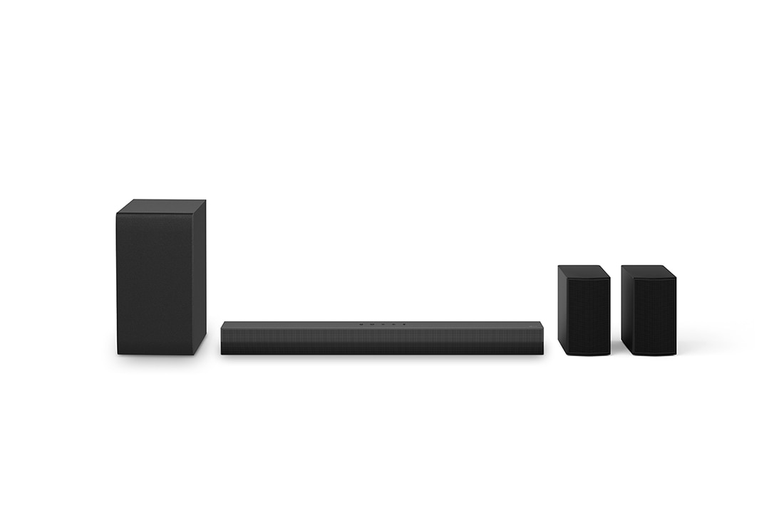 LG  LG Soundbar s 4.1-kanalskim zvučnikom S40TR za LG TV 2024, Prednji prikaz  LG Soundbara S40TR, niskofrekventnog zvučnika (subwoofera) i stražnjih zvučnika, S40TR