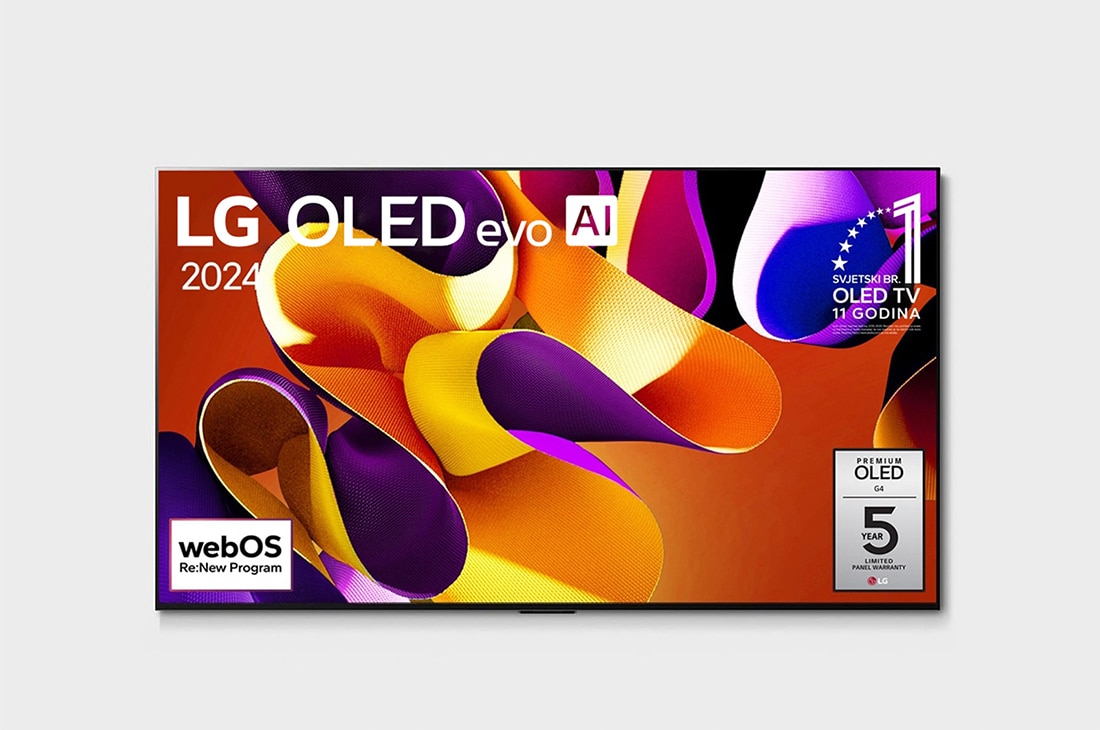 LG OLED evo AI G4 4K Smart TV od 83 inča 2024, Prikaz prednje strane televizora LG OLED evo AI TV, OLED G4, na zaslonu se prikazuje amblem logotipa „Jedanaest godina najbolji OLED TV na svijetu” i logotip webOS Re:New Program te logotip petogodišn, OLED83G42LW