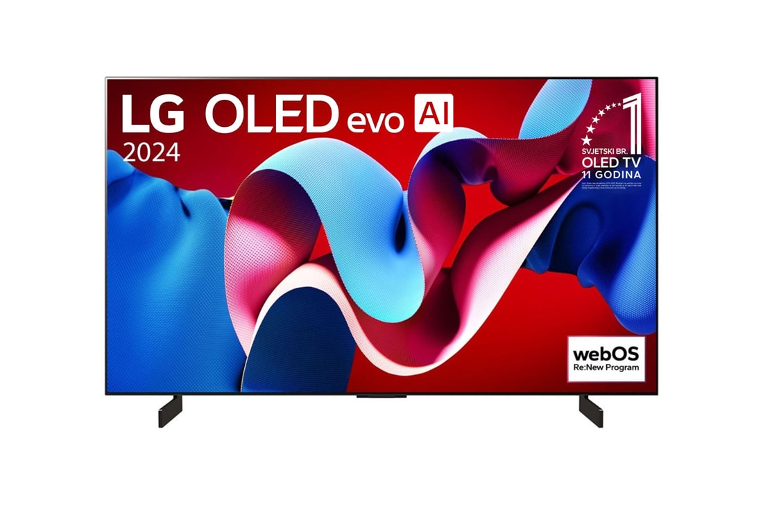 LG OLED evo AI C4 4K Smart TV od 42 inča 2024, Prikaz prednje strane LG OLED evo AI TV, OLED C4, na zaslonu se prikazuje amblem logotipa „11 godina najbolji OLED TV na svijetu” i logotip opcije webOS Re:New Program, OLED42C41LA