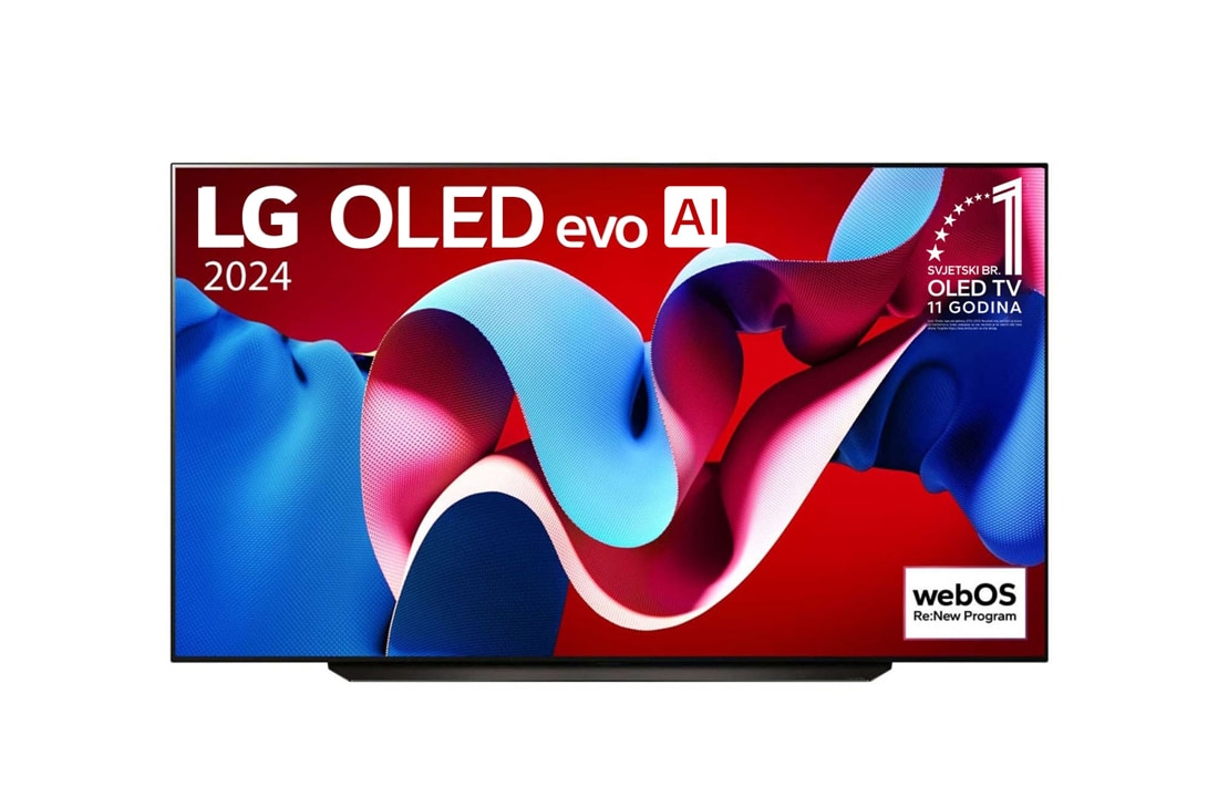 LG OLED evo AI C4 4K Smart TV od 83 inča 2024, Prikaz prednje strane LG OLED evo AI TV, OLED C4, na zaslonu se prikazuje amblem logotipa „11 godina najbolji OLED TV na svijetu” i logotip opcije webOS Re:New Program, OLED83C41LA