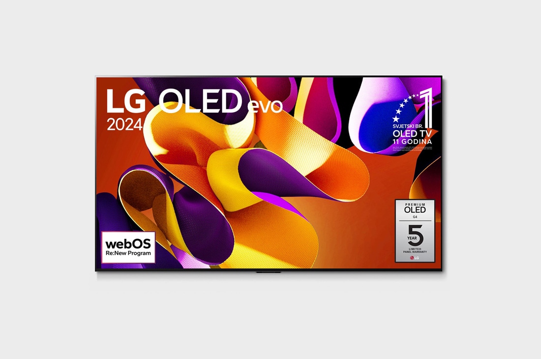 LG OLED evo G4 4K Smart TV od 65 inča 2024, Prikaz prednje strane LG OLED evo TV, OLED G4 na zaslonu se prikazuje amblem logotipa „11 godina najbolji OLED TV na svijetu” te logotip 5-godišnje jamstvo za panel, OLED65G42LW