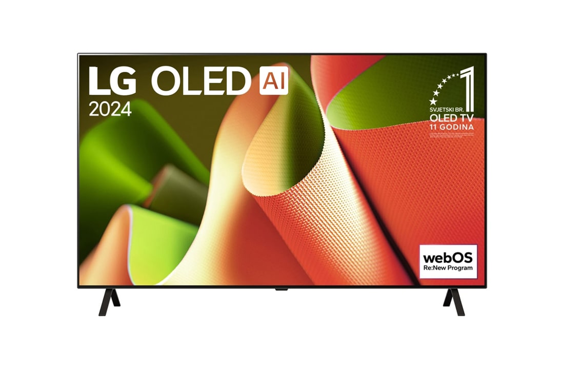 LG OLED AI B4 4K Smart TV od 65 inča 2024, Prikaz prednje strane LG OLED TV, OLED AI B4. na zaslonu se prikazuje amblem „11 godina najbolji OLED TV na svijetu” i logotip webOS Re:New Program sa stalkom koji ima dvije nožice, OLED65B43LA