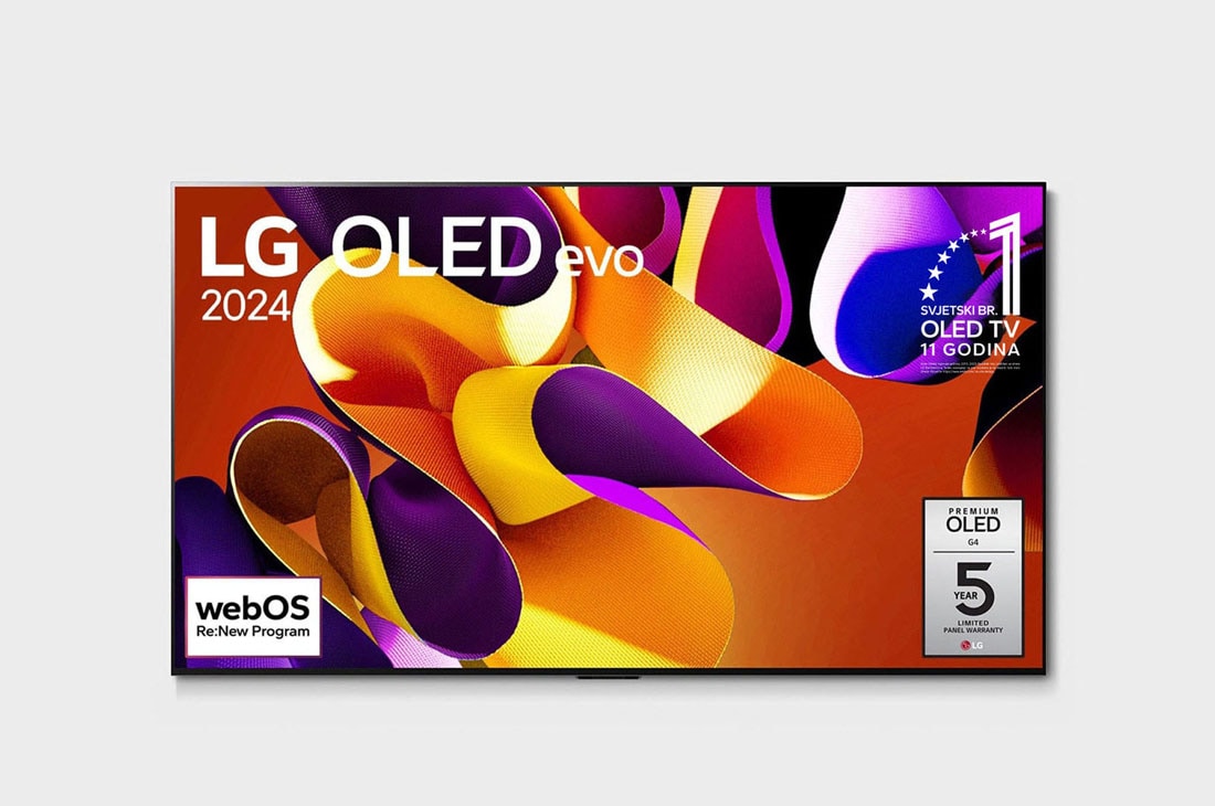 LG OLED evo G4 4K Smart TV od 77 inča 2024, Prikaz prednje strane LG OLED evo TV, OLED G4 na zaslonu se prikazuje amblem logotipa „11 godina najbolji OLED TV na svijetu” te logotip 5-godišnje jamstvo za panel, OLED77G42LW