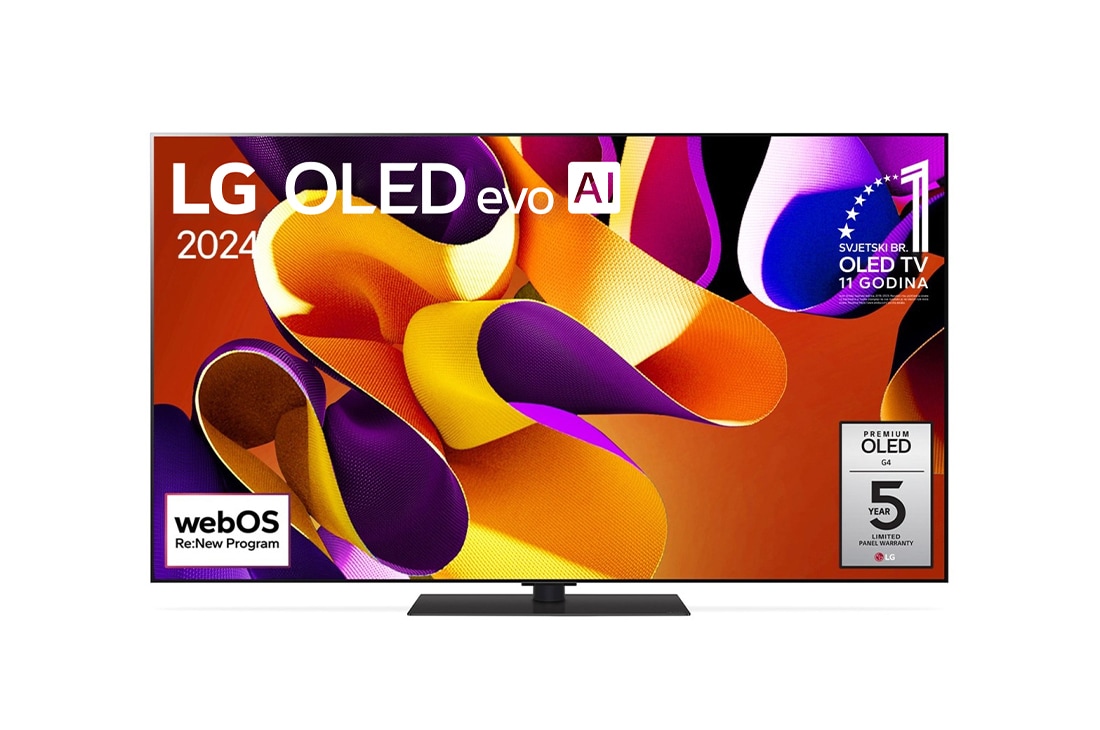 LG OLED evo AI G4 4K Smart TV od 55 inča 2024, Prikaz prednje strane televizora LG OLED evo AI TV, OLED G4, na zaslonu se prikazuje amblem logotipa „Jedanaest godina najbolji OLED TV na svijetu” i logotip webOS Re:New Program te logotip petogodišn, OLED55G43LS