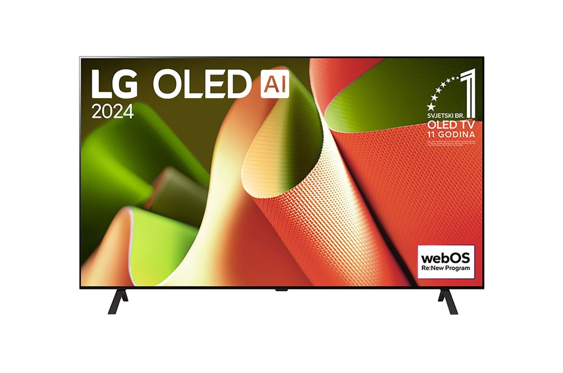 LG OLED AI B4 4K Smart TV od 77 inča 2024, Prikaz prednje strane LG OLED TV, OLED AI B4. na zaslonu se prikazuje amblem „11 godina najbolji OLED TV na svijetu” i logotip webOS Re:New Program sa stalkom koji ima dvije nožice, OLED77B42LA