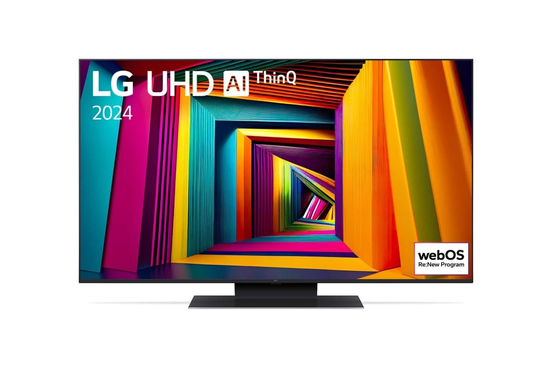 LG Televizor LG UHD UT91 4K Smart TV 2024 od 50 inča, Prednji prikaz televizora LG UHD TV, UT90 s tekstom LG UHD AI ThinQ, 2024,. i logotipom operativno sustava webOS Re:New Program na zaslonu, 50UT91003LA
