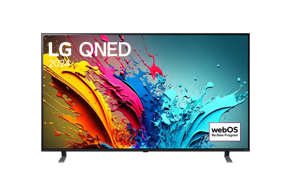 LG QNED85 4K Smart TV 2024 od 75 inča, Prednji prikaz televizora LG QNED TV, QNED85 s tekstom LG QNED, 2024,. i logotipom operativno sustava webOS Re:New Program na zaslonu, 75QNED85T3C