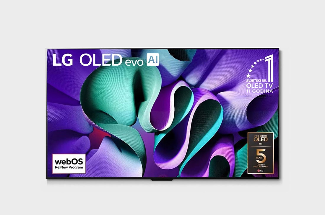 LG OLED EVO M4 4K Smart TV od 83 inča 2024, Prikaz prednje strane televizora LG OLED M4 na stalku i kutije za bežično povezivanje Zero Connect Box ispod njega, na zaslonu se prikazuje amblem logotipa „Jedanaest godina najbolji OLED na svijetu” , OLED83M49LA