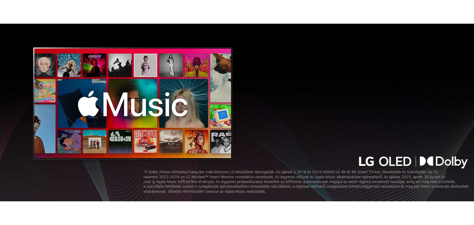 Az albumok táblázatos elrendezése befedve az Apple Music logójával, alatta az LG OLED és a Dolby Atmos logóval.