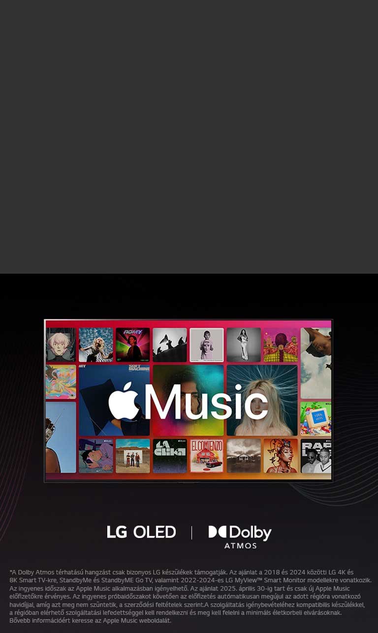 Az albumok táblázatos elrendezése befedve az Apple Music logójával, alatta az LG OLED és a Dolby Atmos logóval.