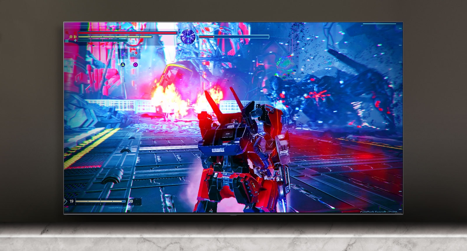 A TV képernyőjén egy harci játék jelenete látható.
