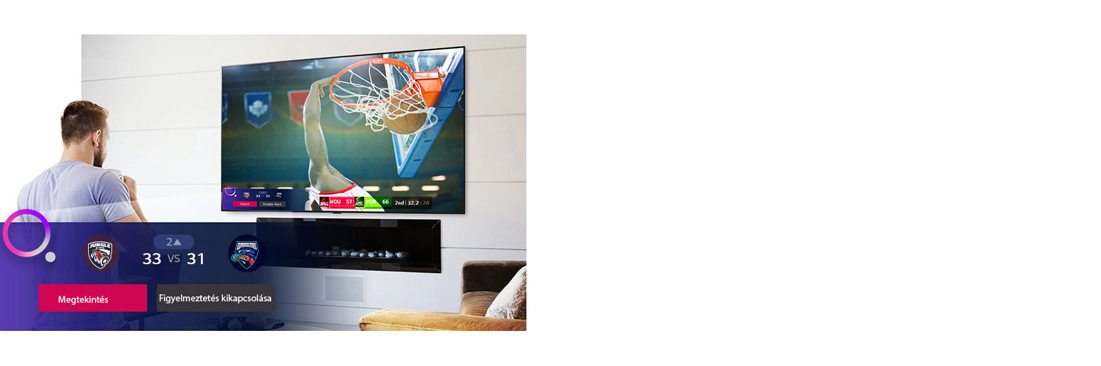 TV-képernyőn megjelenő jelenet egy kosárlabda-mérkőzésről, amint megjelenik a sportfigyelmeztetés.