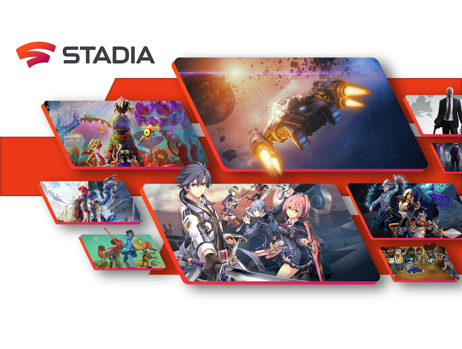 Slika prikazuje logotip STADIA ter prizore in like iz različnih iger.