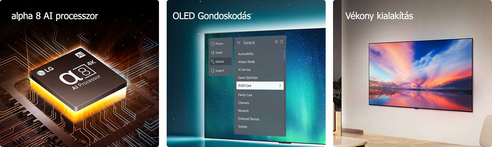 Az LG alpha 11 AI 4K processzora egy alaplap felső részén lila és rózsaszín fénycsóvákat bocsát ki.	  Egyfalas kialakítású LG OLED G4 és LG hangprojektor egy modern lakótérben, laposan a falra szerelve.  LG OLED Care+ és 5 Year Panel Warranty (5 év panelgarancia) logó fekete háttér előtt.  Brightness Booster Max a vízből kiugró bálna képével a csillagos éjszakai égbolt előtt. 