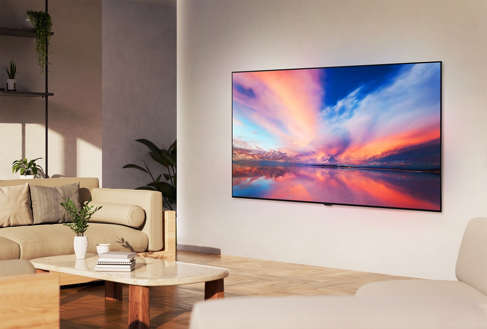 Az LG OLED TV, OLED G4 egy elegáns absztrakt műalkotást és LG hangprojektort jelenít meg laposan a falon elhelyezve egy modern lakótérben.