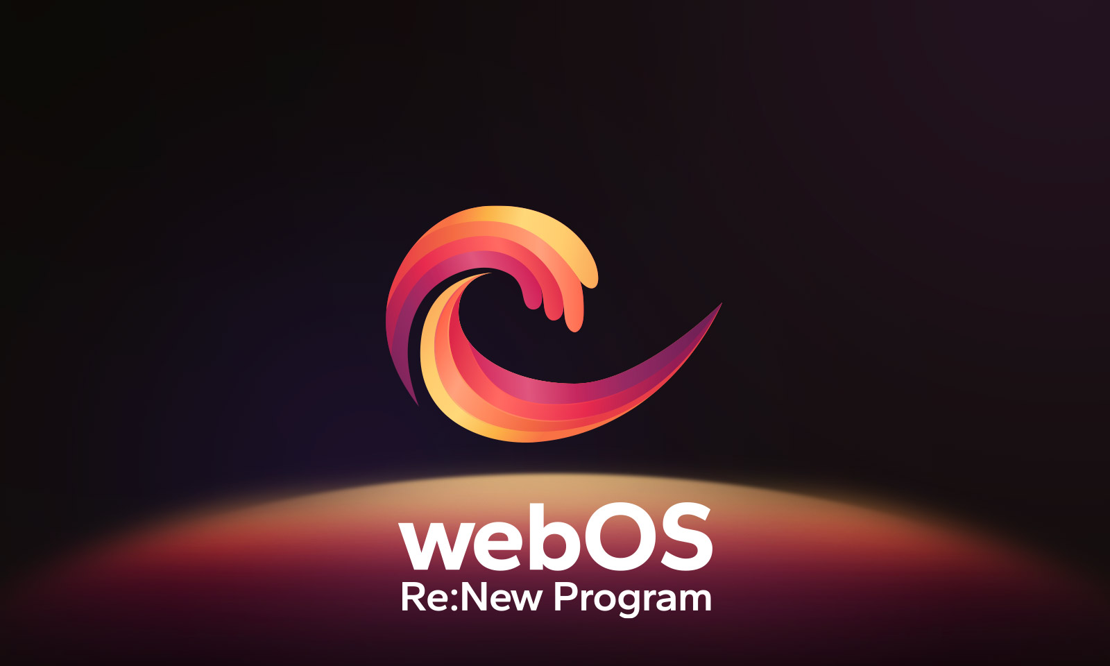 A webOS Re:New Program logó egy fekete háttér előtt, alul egy sárga, narancssárga és lila forgó gömbbel.