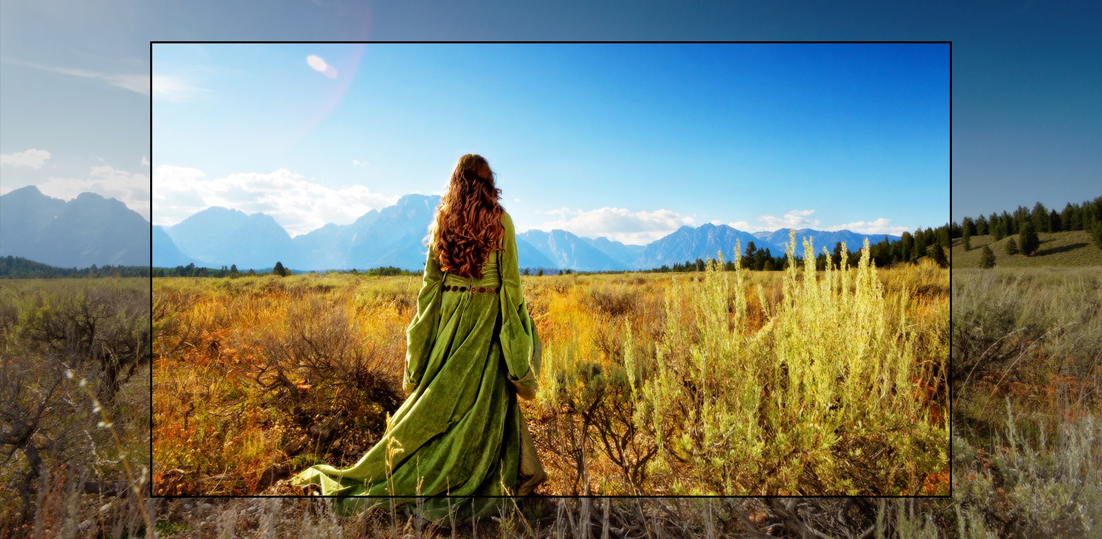 Una scena sullo schermo TV di un film fantasy in cui una donna si trova in un campo mentre guarda le montagne.