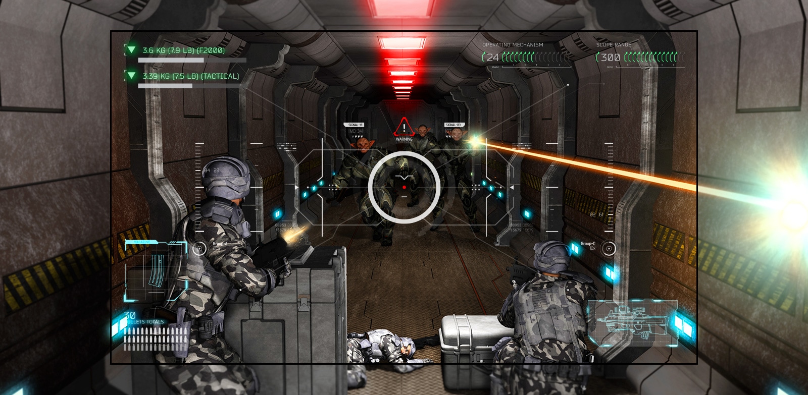 Una scena sullo schermo TV di un gioco di tiro in cui il giocatore affronta la superiorità delle creature dello spazio armato.