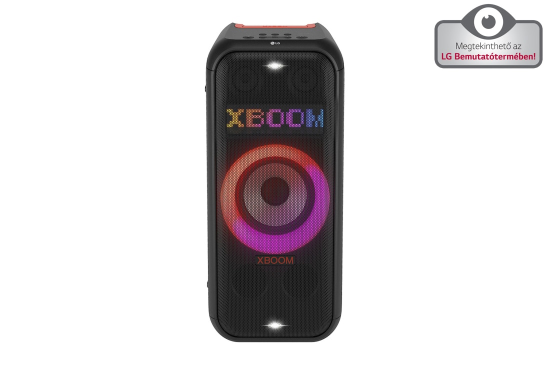 LG XBOOM XL7S, Elölnézet minden világítással. A dinamikus pixeles világítópanelen a következő szöveg látható: XBOOM., XL7S