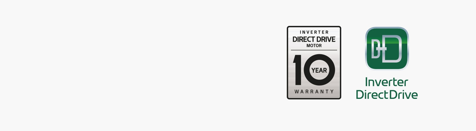 Az Inverter Direct Drive logó és 10 év garancia logó látható.