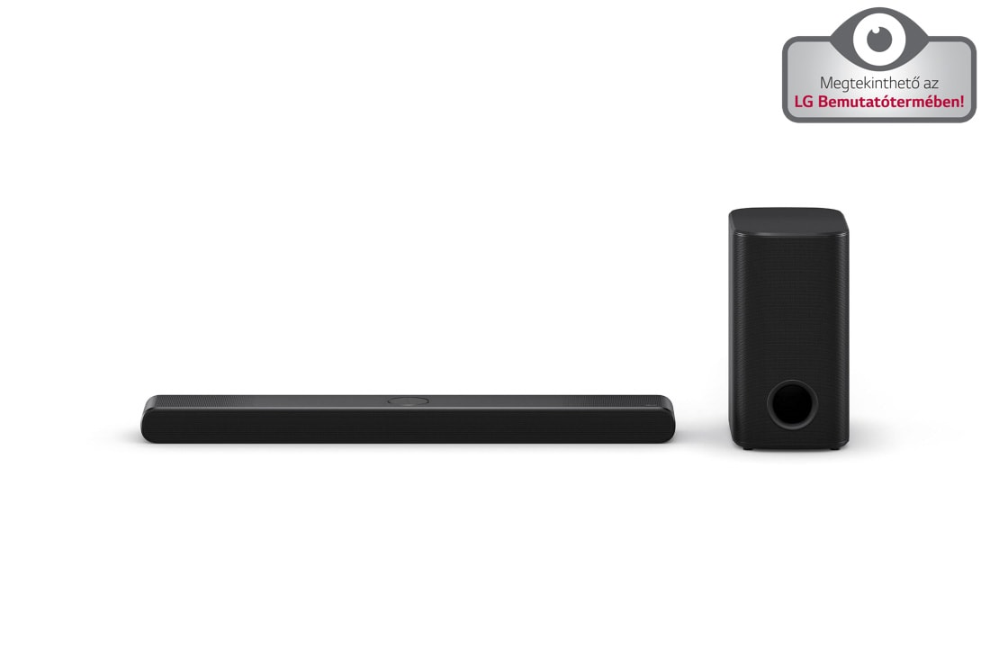 LG Soundbar TV-hez S77TY Dolby Atmos 3.1.3 csatornás hangprojektor 2024, LG Soundbar S77TY és mélynyomó elölnézete, S77TY