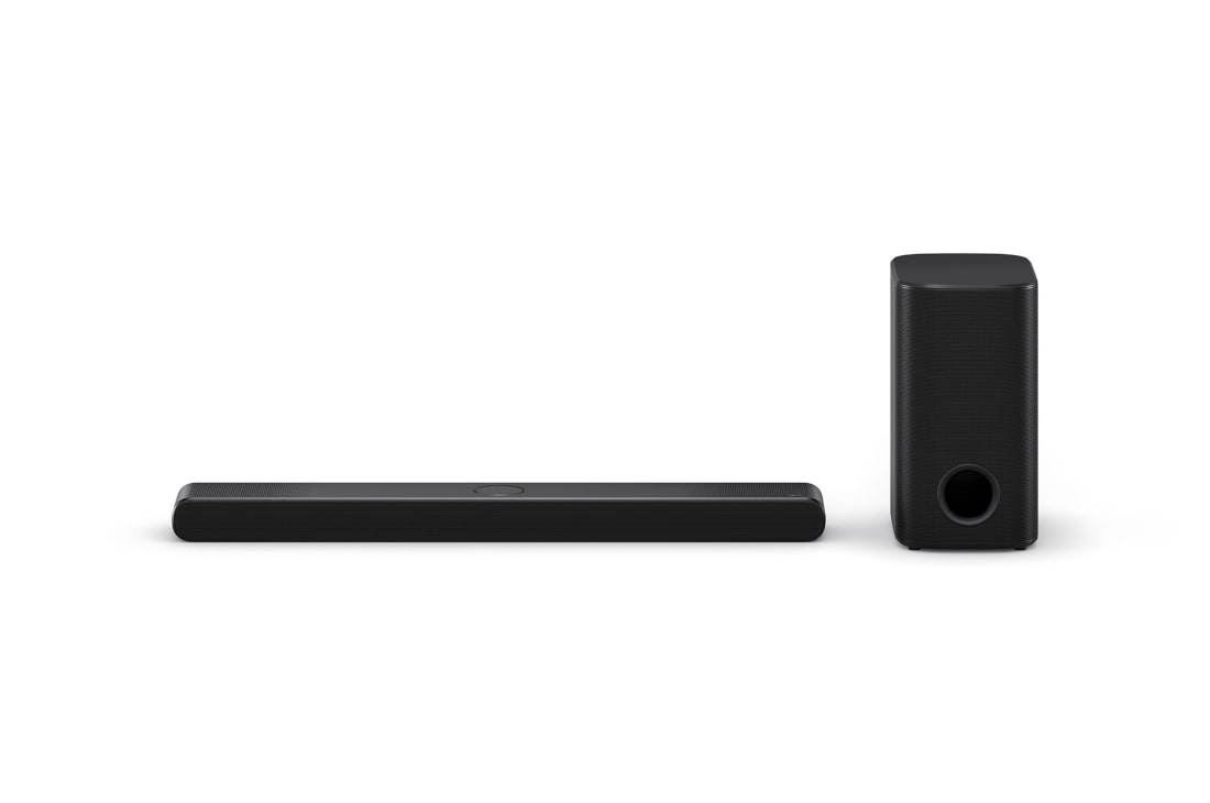 LG Soundbar TV-hez S77TY Dolby Atmos 3.1.3 csatornás hangprojektor 2024, LG Soundbar S77TY és mélynyomó elölnézete, S77TY