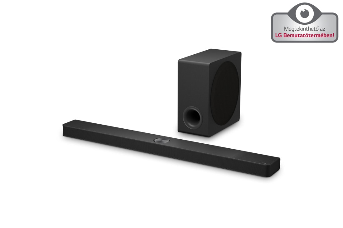 LG Soundbar TV-hez S90TY Dolby Atmos 5.1.3 csatornával 2024, LG Soundbar S90TY és mélynyomó térbeli nézete, S90TY