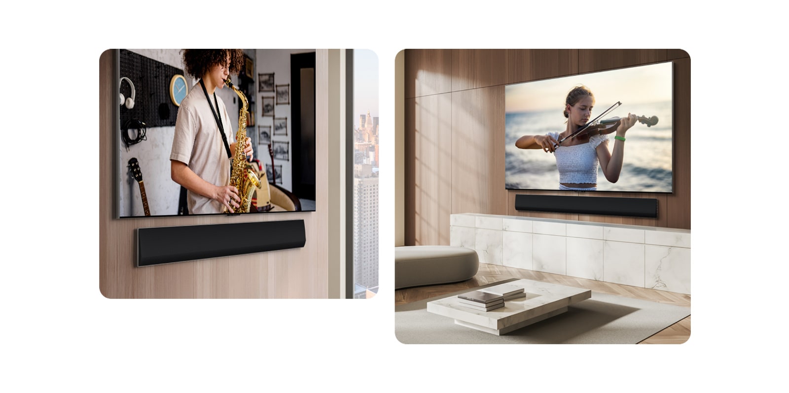 Falra szerelt LG Soundbar és LG TV térbeli nézete, a képernyőn egy trombitás játszik.  Egy lakás falára szerelt LG Soundbar és LG TV térbeli nézete, egy hegedülő nőt mutatva a tengernél.